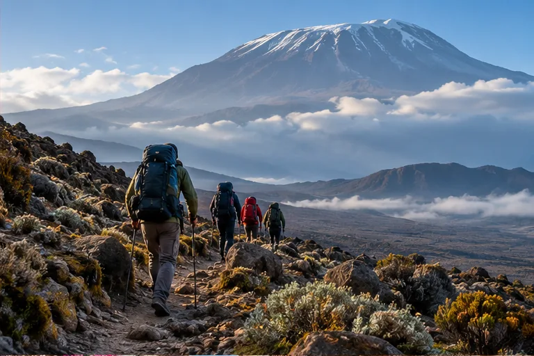 山地出行的場景 山地的徒步者在雲層下方