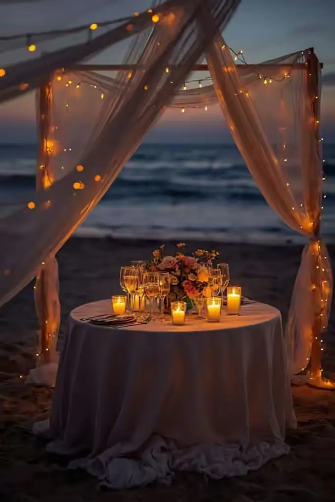Romantic Zanzibar beach decoration and dinner setup photo