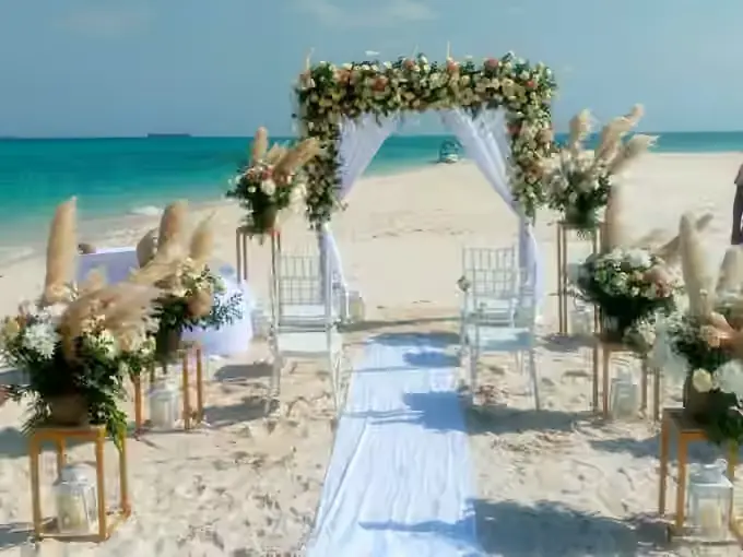Romantic Zanzibar beach decoration and dinner setup photo
